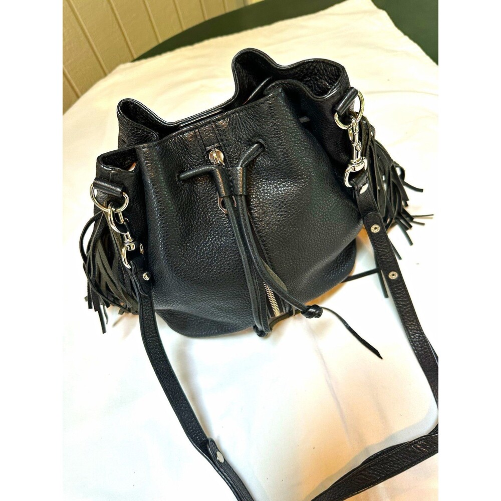 Rebecca Minkoff Black Pebbled Fringe Bucket Drawstring Crossbody Bag Strap